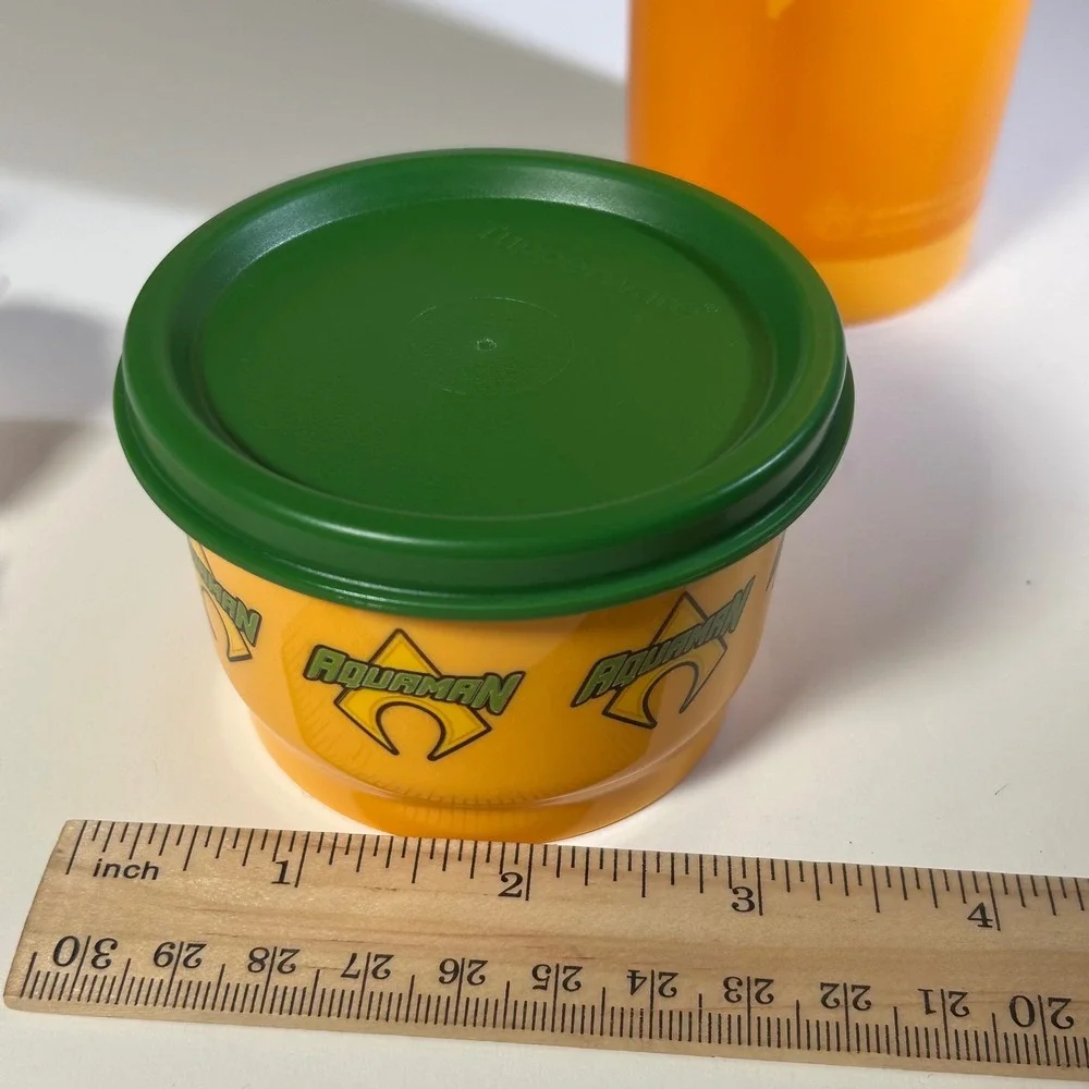 Tupperware Aquaman Snack Cup & Tumbler 16oz Yellow Green Flip Top Lid Kids Adult